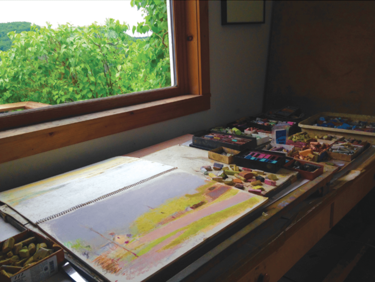 A pastel worktable in Kahn’s Vermont studio